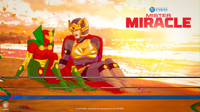 Official key art for the Mister Miracle animated series, showing Scott Free and Big Barda sitting on a beach at sunset