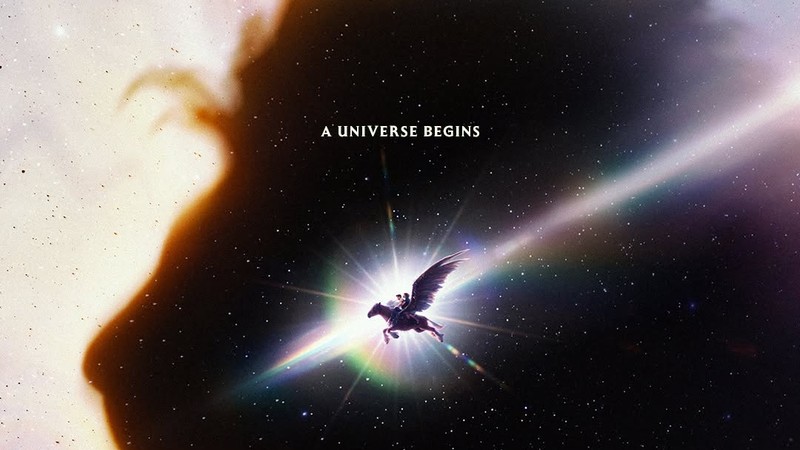 The first official poster art for Narnia: The Magician's Nephew, showing Aslan as a lion silhouette formed from a starfield, with the winged horse Fledge carrying two children toward a burst of light