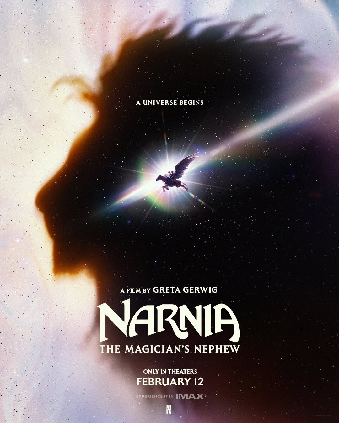 The first official one-sheet poster for Narnia: The Magician's Nephew from Netflix, with the tagline A Universe Begins and the release date February 12