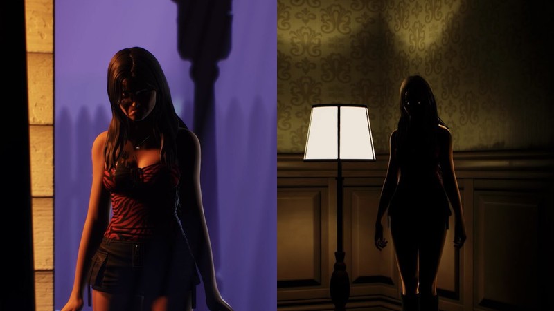 Two first look images of Nikki Freeman from Obsession in Fortnite side by side: Nikki against a purple wall, and Nikki silhouetted beside a floor lamp