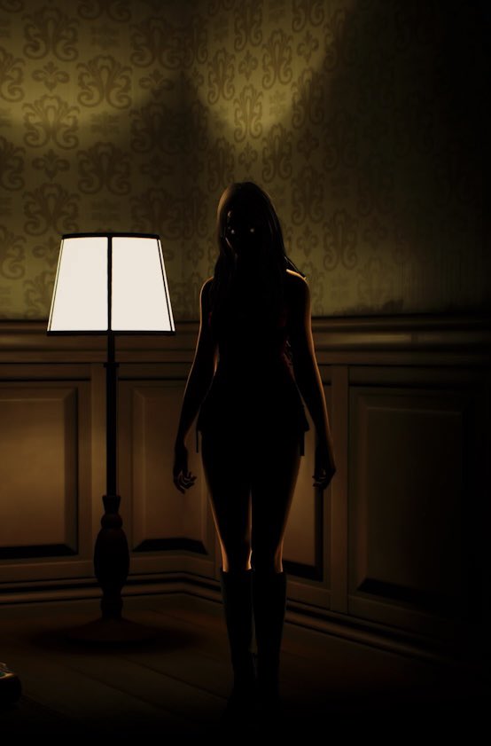 The Nikki outfit from Obsession in Fortnite, silhouetted beside a floor lamp in a dark room