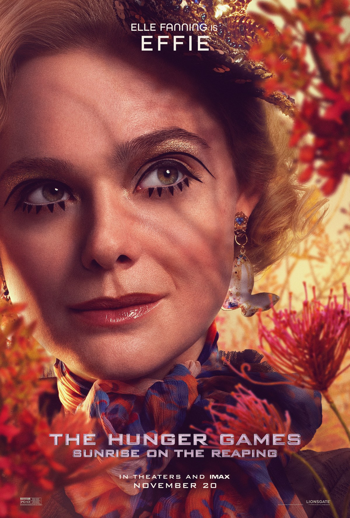 Elle Fanning as Effie Trinket character poster for The Hunger Games: Sunrise on the Reaping