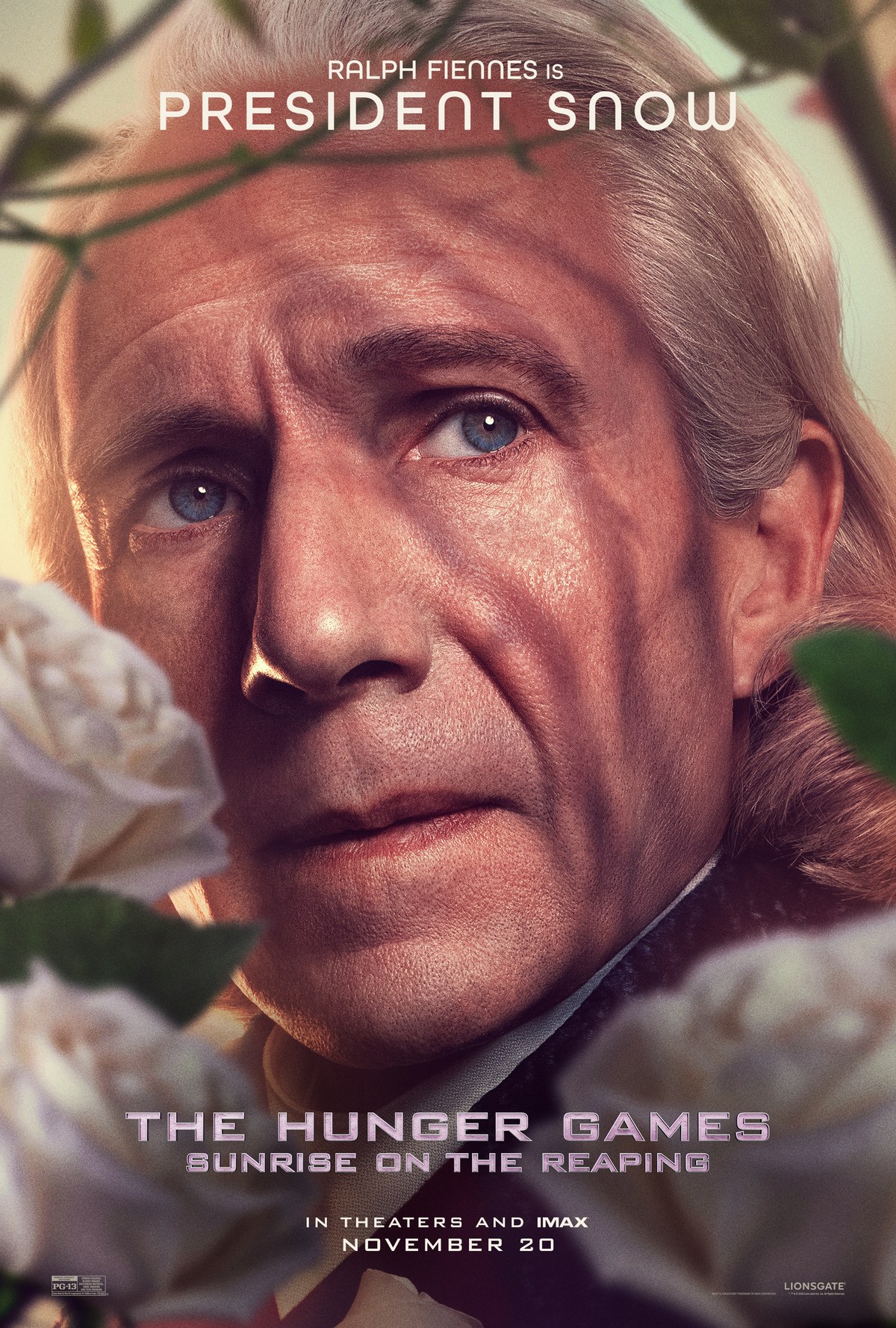 Ralph Fiennes as President Snow character poster for The Hunger Games: Sunrise on the Reaping