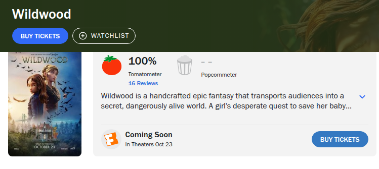 Rotten Tomatoes page for Wildwood showing a 100% Tomatometer score from 16 reviews