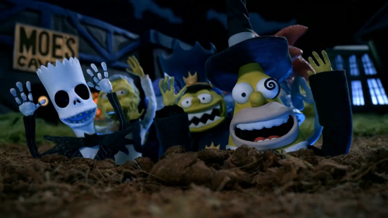 Bart Simpson as Jack Skellington and Homer Simpson as the Mayor of Halloween Town in the stop-motion opening of The Simpsons Treehouse of Horror XXXVII