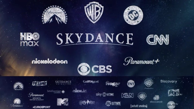 The Skydance logo surrounded by the Paramount, Warner Bros., DC, HBO Max, CNN, Nickelodeon, CBS and Paramount+ logos