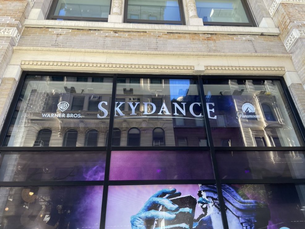 Skydance lettering displayed across office windows alongside the Warner Bros. shield logo