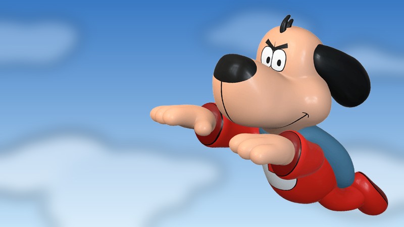 The Underdog balloon in a flying pose against a blue sky