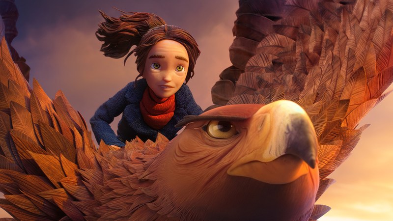 Prue McKeel, voiced by Peyton Elizabeth Lee, rides the General, the giant golden eagle voiced by Angela Bassett, in Laika's Wildwood